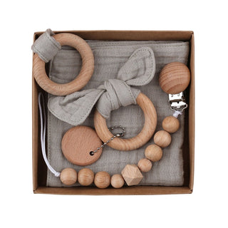 Baby Bath Toy Set Wooden Rattle Infant Babyplay Cotton Comfort Towel Baby Teether Wood Ring Baby Shower Gift