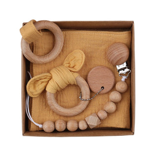 Baby Bath Toy Set Wooden Rattle Infant Babyplay Cotton Comfort Towel Baby Teether Wood Ring Baby Shower Gift