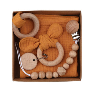 Baby Bath Toy Set Wooden Rattle Infant Babyplay Cotton Comfort Towel Baby Teether Wood Ring Baby Shower Gift