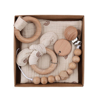 Baby Bath Toy Set Wooden Rattle Infant Babyplay Cotton Comfort Towel Baby Teether Wood Ring Baby Shower Gift